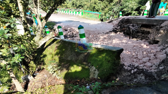 Kondisi tembok penahan tanah (sisi timur) Jembatan Ngasem, di Desa Sendangharjo, Kecamatan Ngasem, Kabupaten Bojonegoro, yang ambles di sisi selatan jalan. (foto: dan/beritabojonegoro)