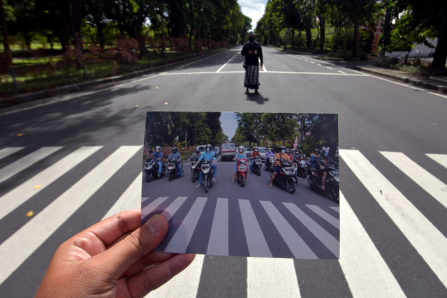 Perbandingan situasi jalan raya sebelum dan sesaat Hari Raya Nyepi Tahun Saka 1943 di wilayah Desa Sumerta Kelod, Denpasar, Bali, Minggu (14/3). Foto: Nyoman Hendra Wibowo/ANTARA FOTO