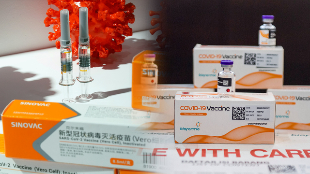 kemasan Vaksin Corona Sinovac (kiri) dan Kemasan vaksin COVID-19 yang diperlihatkan di Command Center serta Sistem Manajemen Distribusi Vaksin (SMDV) Bio Farma (kanan).  Foto: Thomas Peter /REUTERS dan M Agung Rajasa/ANTARA FOTO