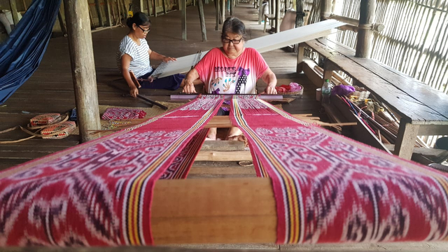 Warga Ensaid Panjang membuat kain tenun ikat. Foto: Leo Prima/Hi!Pontianak 