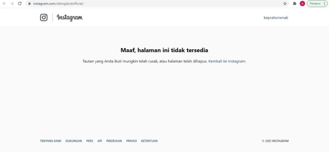 Akun Instagram resmi All England dengan username @allenglandofficial tak bisa diakses, Sabtu (20/3). Foto: Aulia Rahman Nugraha/kumparan