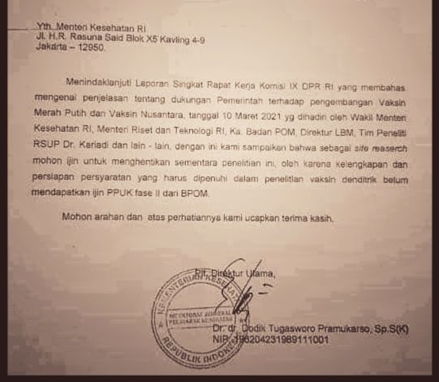 Penelitian vaksin Nusantara dihentikan sementara. Foto: Twitter/@drpriono1