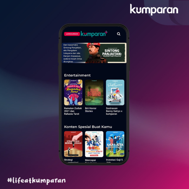 Tampilan kumparan+ dengan mobile phone. Dokumen:  Firda/kumparan