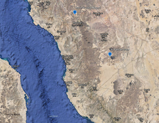 Lokasi kedua situs geologi yang tidak jauh dari Kota Madinah, Arab Saudi. Foto: Google Maps