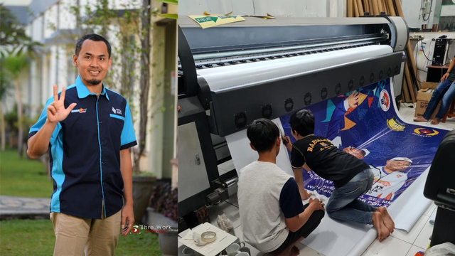 Bachtiar Istiawan (kiri) dan salah satu peralatan mesin cetaknya. (dok/pribadi)