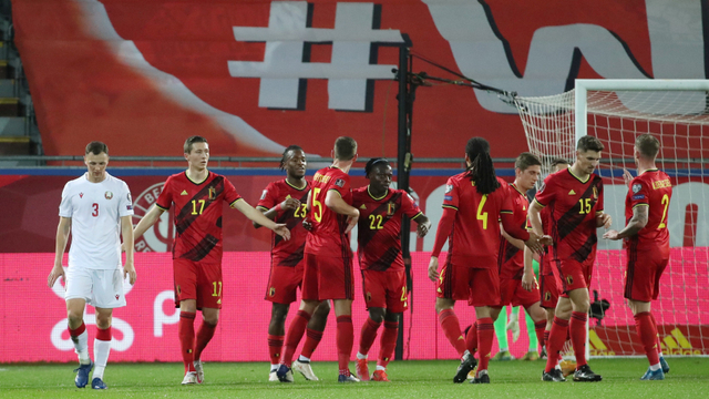 Selebrasi pemain timnas Belgia usai mencetak gol ke gawang timnas Belarusia pada pertandingan kualifikasi piala dunia zona eropa di Den Dreef, Leuven, Belgia.
 Foto: Yves Herman/REUTERS