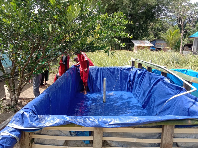 Siswa kelas 12 sedang membuat kolam ikan  menggunakan terpa