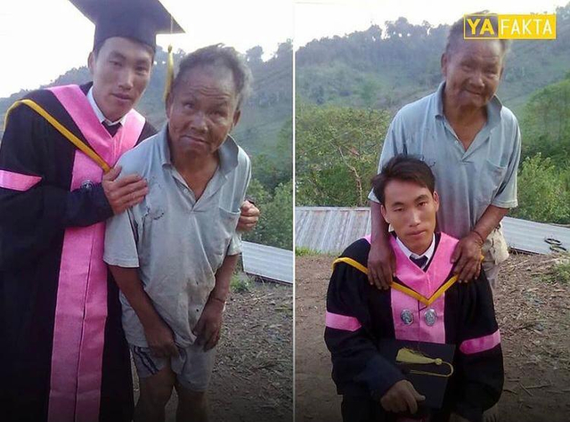 Potret anak berfoto dengan ayahnya yang petani di hari wisuda. Foto: @yafakta.id.