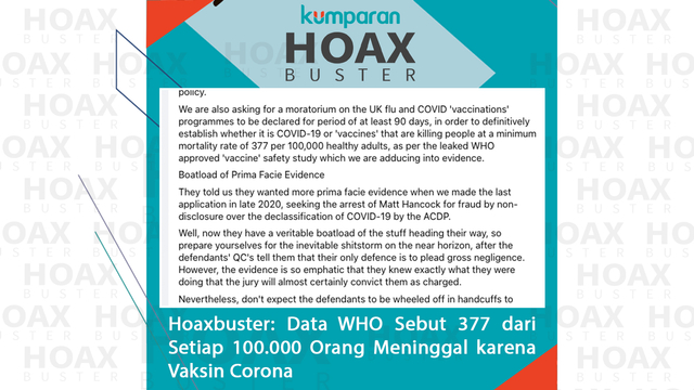 Hoaxbuster: Data WHO Sebut 377 dari Setiap 100.000 Orang Meninggal karena Vaksin Corona
 Foto: Dok. Istimewa