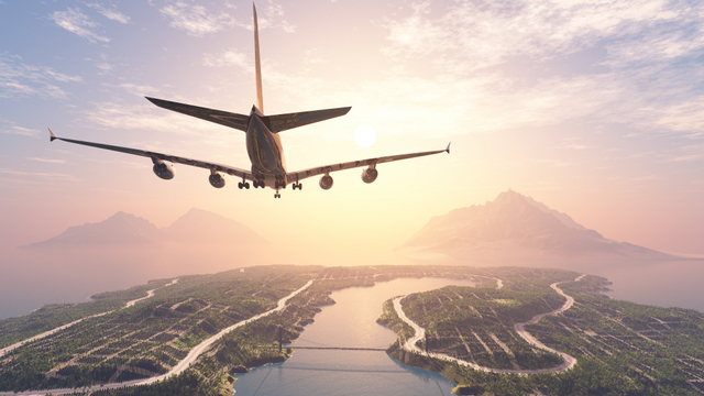 Ilustrasi pesawat terbang di atas kepulauan. Foto: Shutter Stock