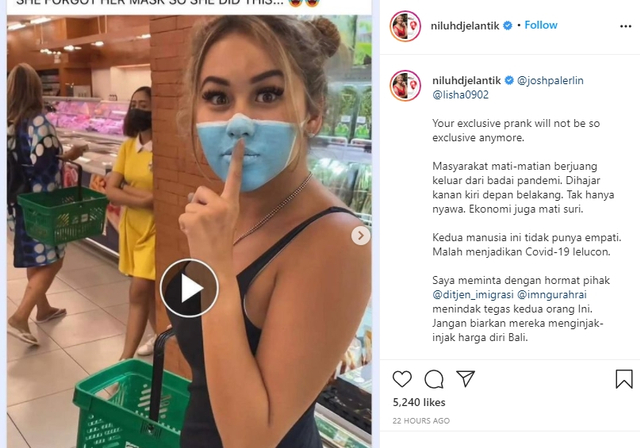 Viral bule di Bali melukis masker di wajah demi mengelabui petugas Foto: Instagram @niluhdjelantik