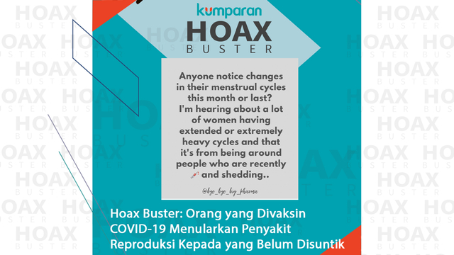 Hoax Buster: Tidak benar orang yang divaksin COVID-19 menularkan penyakit reproduksi kepada yang belum disuntik vaksin. 
 Foto: Facebook