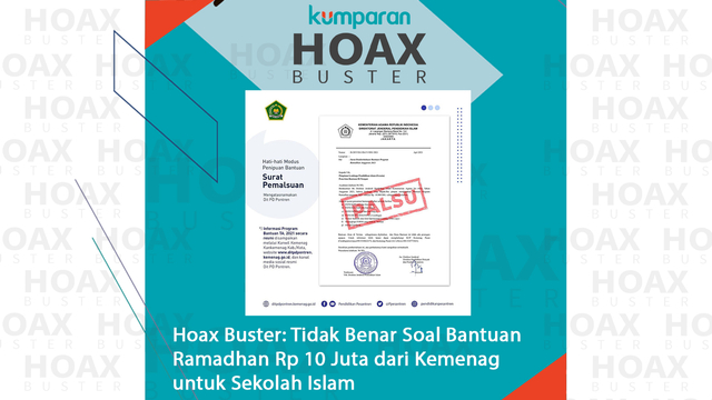 Hoax Buster: Tidak Benra soal bantuan Ramadhan Rp 10 juta dari Kemenag untuk sekolah Islam. Foto: Instagram/@pendidikanpesantren