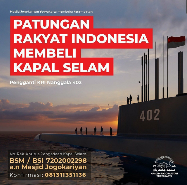 Masjid Jogokariyan buka donasi patungan beli kapal selam pengganti KRI Nanggala 402.  Foto: Dok. Istimewa