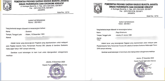 Beredar surat tugas untuk 2 tersangka mafia karantina di Bandara Soetta dari Disparekraf DKI Jakarta. Foto: Dok. Istimewa