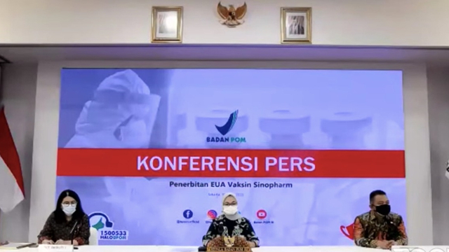 Kepala BPOM Penny Lukito membacakan penerbitan EUA Vaksin Sinopharm Jumat (30/4). Foto: Youtube/BPOM