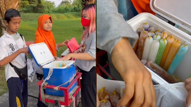Bocah penjual es mambo melayani pelanggan. (Foto: @gina_angelia/TikTok)