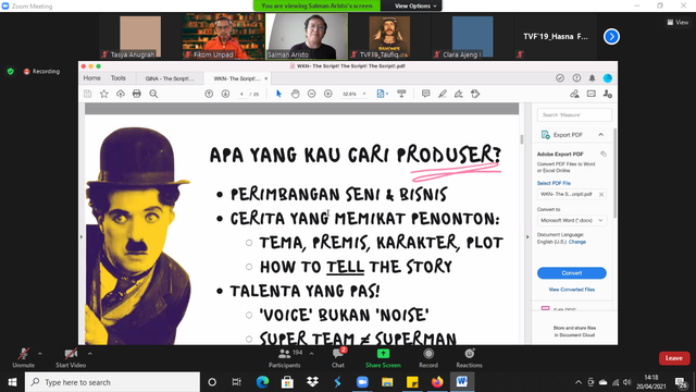 Tangkapan layar saat Salman Aristo menjelaskan di perkuliahan TVF Fikom Unpad. Dokumen pribadi.