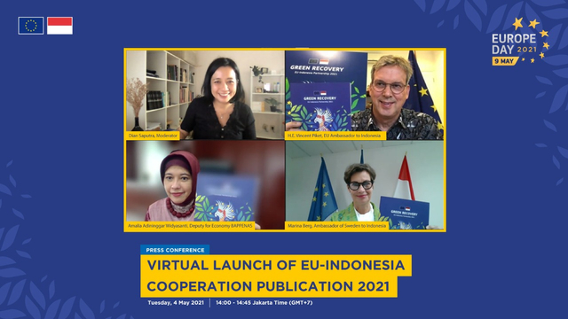 Peluncuran Publikasi Kerja Sama Indonesia-Uni Eropa secara virtual, Selasa (4/5). Foto: Delegasi Uni Eropa untuk Indonesia