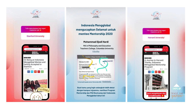 Program mentorship pro bono Indonesia Mengglobal telah mengantarkan banyak anak muda menempuh pendidikan di kampus-kampus dunia. Sumber: Indonesia Mengglobal