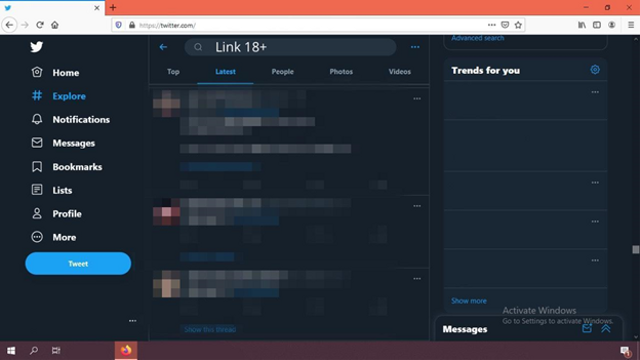 Kolom penelusuran berupa kata kunci ‘Link 18+’ di aplikasi Twitter (Sumber: Pribadi)