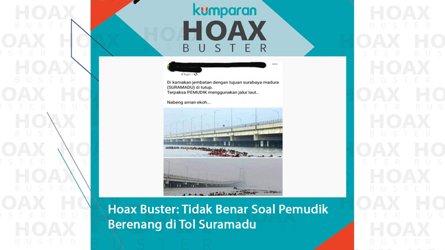 Hoax Buster: Tidak Benar soal Pemudik Berenang di Tol Suramadu.
 Foto: Facebook