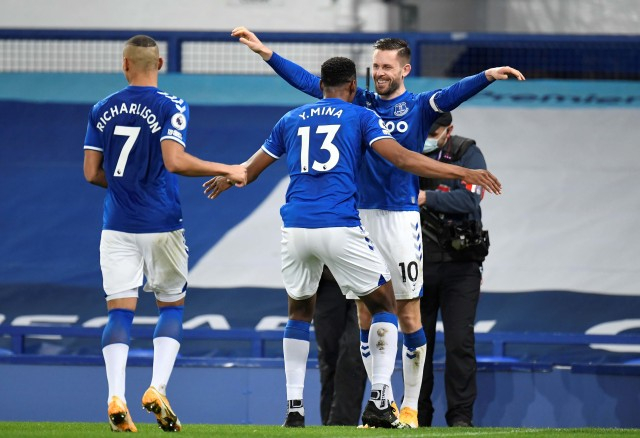 Selebrasi pemain Everton saat melawan Arsenal di Goodison Park, Liverpool, Inggris. Foto: Peter Powell/Reuters