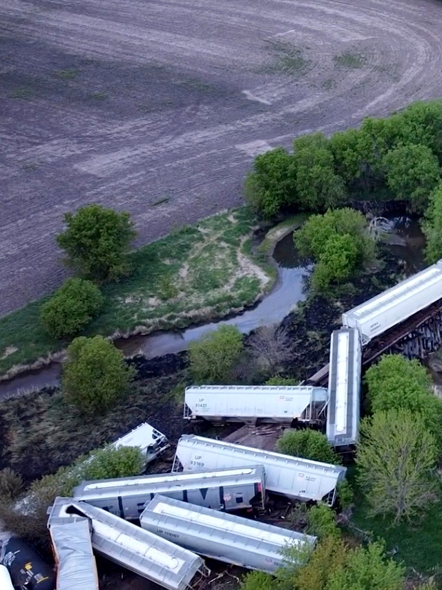 Kondisi kereta Union Pacific yang membawa bahan berbahaya usai tergelincir di Sibley, Iowa, Amerika Serikat. Foto: NATHAN MINTEN via Reuters