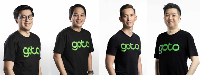 Kevin Aluwi (Co-Founder dan CEO Gojek), Andre Soelistyo (CEO GoTo Group), Patrick Cao (President GoTo Group), dan William Tanuwijaya (Co-Founder dan CEO Tokopedia). Foto: Dok. Gojek dan Tokopedia
