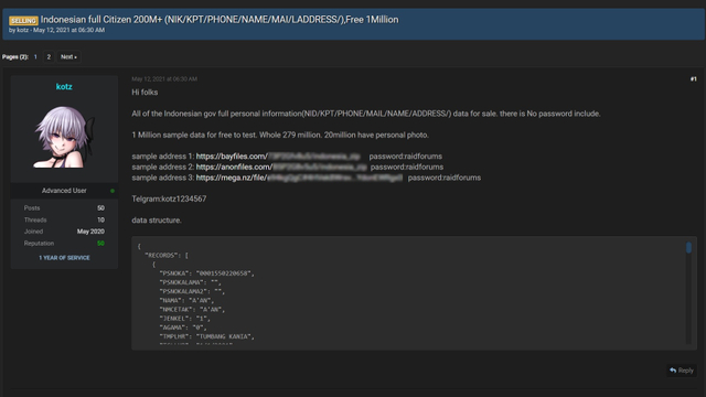 279 juta data penduduk RI dilaporkan bocor dan dijual di internet. Foto: Screenshot Raidforums