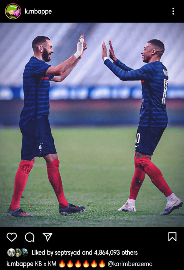 Ucapan selamat datang Mbappe untuk Benzema, Foto: Instagram @k.mbappe