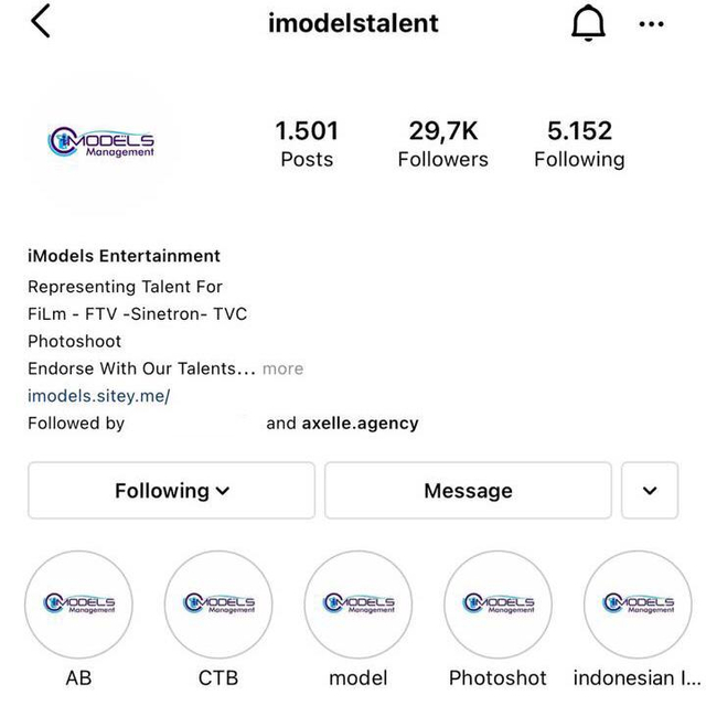 Nama akun Instagram iModels Entertainment yang sudah mengelabuhi banyak pengikutnya..
