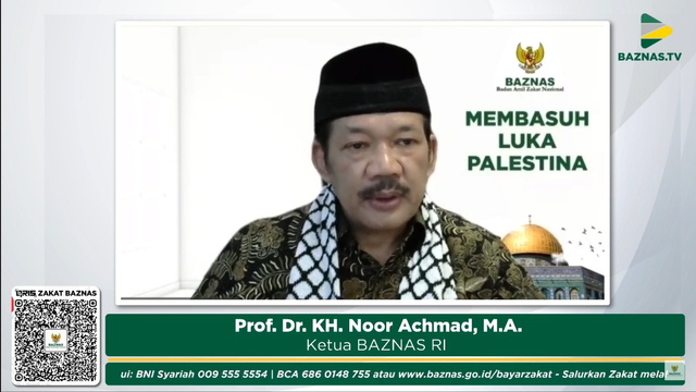 Badan Amil Zakat Nasional (BAZNAS) menggalang donasi untuk rakyat Palestina melalui acara "Membasuh Luka Palestina" di Zoom dan kanal YouTube BAZNAS TV, Kamis (27/5).