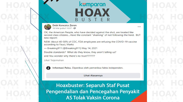 Hoaxbuster: Separuh Staf Pusat Pengendalian dan Pencegahan Penyakit AS Tolak Vaksin Corona.
 Foto: Facebook