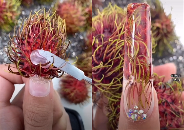 Kuku dengan hiasan kulit rambutan. Foto: Tangkapan Layar TikTok @ilysmnails