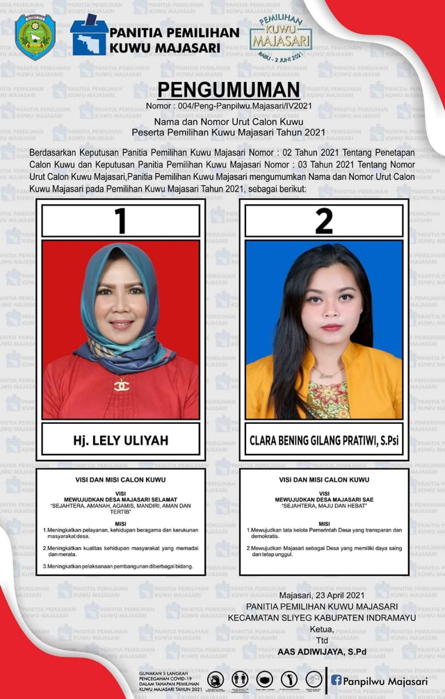 Pilkades Majasari, Kecamatan Sliyeg, Kabupaten Indramayu, Jawa Barat diisi oleh dua kontestan ibu dan anak. (Dok.istimewa)