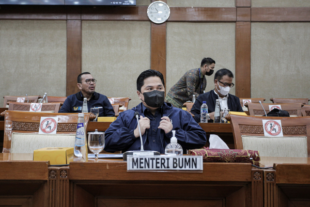 Menteri BUMN Erick Thohir mengikuti rapat kerja dengan Komisi VI DPR di Kompleks Parlemen, Senayan, Jakarta, Kamis (3/6). Foto: Dhemas Reviyanto/ANTARA FOTO