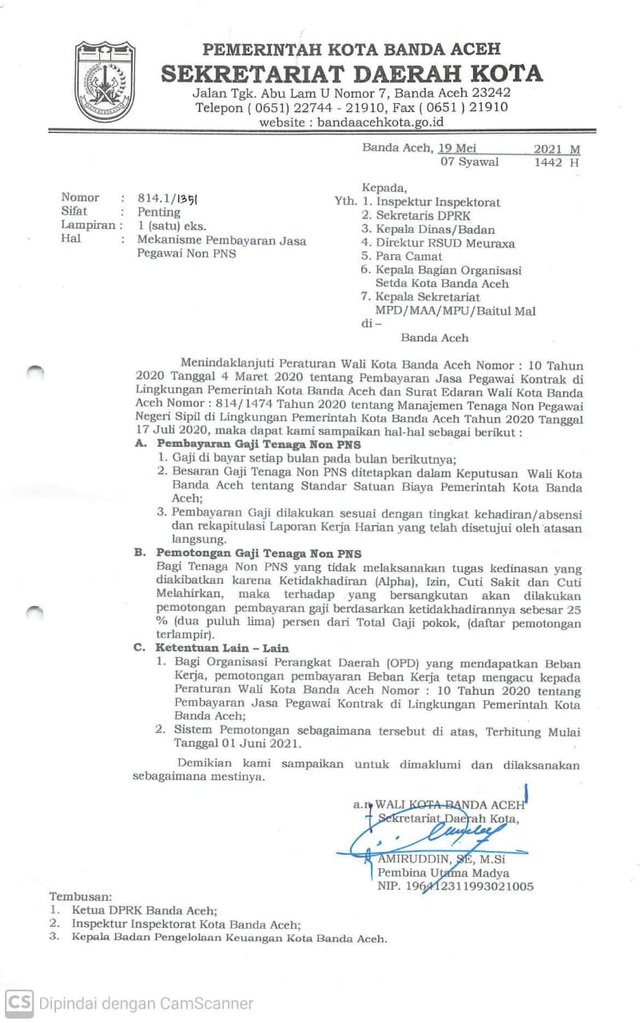 Mekanisme pembayaran jasa pegawai non PNS di Pemkot Banda Aceh. Foto: Dok. Istimewa