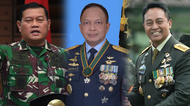 KSAL Laksamana TNI Yudo Margono, KSAU Marsekal TNI Fadjar Prasetyo, dan KSAD Jenderal TNI Andika Perkasa.
 Foto: Dispenal, TNI AU, dan ANTARA FOTO