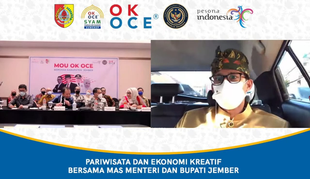 Sandiaga Uno saat menghadiri MOU Kerjasama OK OCE dengan Bupati Jember, Sabtu, 12 Juni 2021