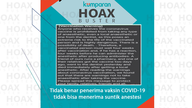 Tidak benar penerima vaksin COVID-19 tidak bisa menerima suntik anestesi. Foto: kumparan