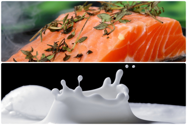Ilustrasi daging ikan dan susu. Foto: Pixabay