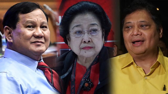 Prabowo Subianto, Megawati Soekarnoputri, dan Airlangga Hartarto.  Foto: Muhammad Adimaja/ANTARA FOTO dan kumparan