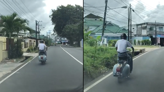 Kakek naik Vespa pakai seragam SMA. (Foto: @irsyad.syarif/TikTok)