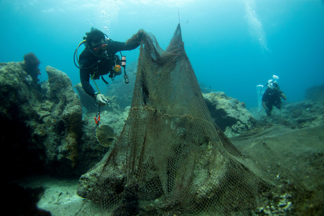 Penyelam mengambil jaring ikan besar yang menutupi terumbu karang di laut pulau Koh Losin, Thailand. Foto: Jorge Silva/REUTERS