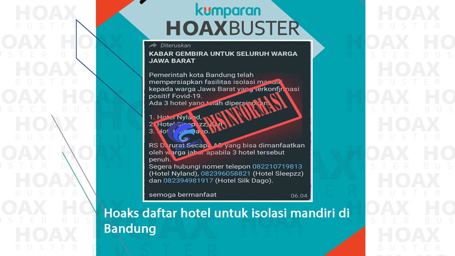 Hoaxbuster daftar hotel untuk isolasi mandiri di Bandung. Foto: Dok. Istimewa