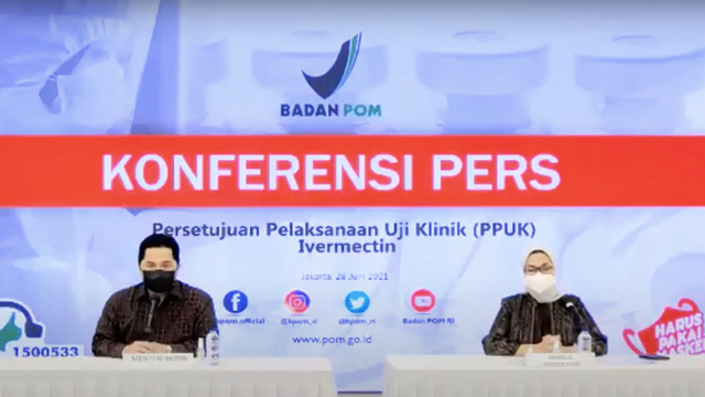 Menteri BUMN Erick Thohir dan Kepala BPOM Penny Lukito jumpa pers soal PPUK Ivermectin, 28 Juni 2021. Foto: Youtube/BPOM