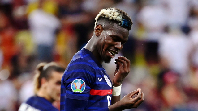 Pemain Prancis Paul Pogba melakukan selebrasi usai menjebol gawang Swiss pada babak 16 besar Euro 2020 di National Arena Bucharest, Bucharest, Rumania. Foto: Franck Fife/Reuters