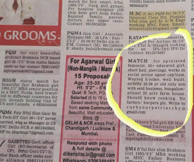 Viral iklan cari jodoh di India ingin pria kaya namun tidak suka kentut dan sendawa. (Foto: Twitter/@awryadititi)