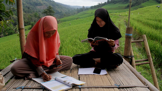 Sejumlah siswa SMA mengikuti belajar daring di area persawahan Bassaran, Desa Rante Mario, Kabupaten Enrekang, Sulawesi Selatan. Foto: Arnas Padda/ANTARA FOTO